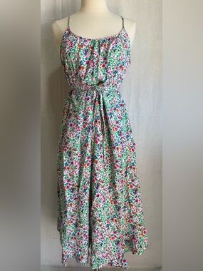 J. Crew Floral Spaghetti Strap Midi Dress in White, Green, Pink